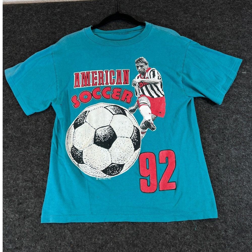 Vintage 90s American Soccer 92 Graphic T-Shirt Blue Single Stitch Mens Small